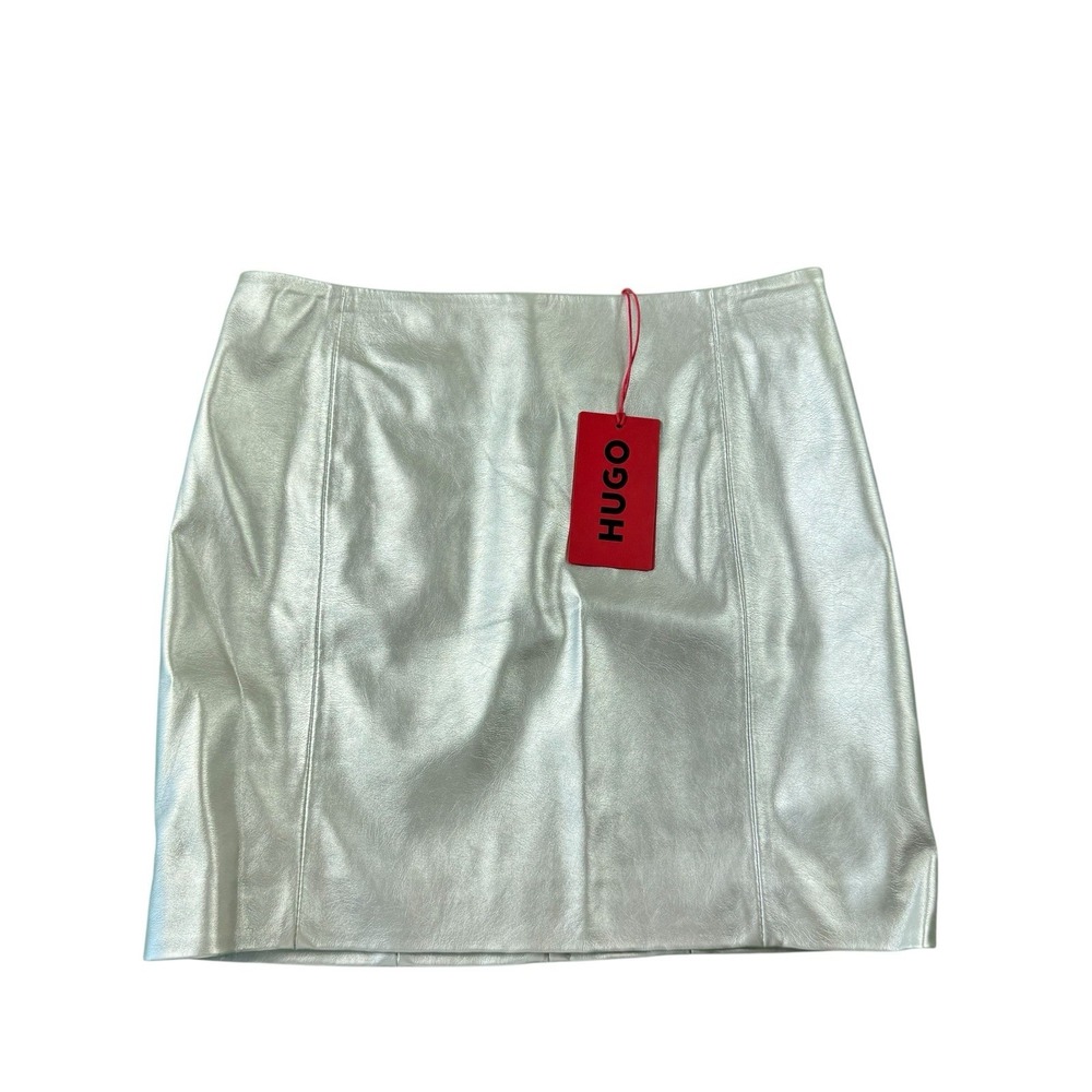 Hugo Boss Silver Metallic Mini Skirt Rusine-1 Polyurethane Coated Size 2 NWT